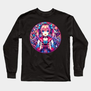 Blue eyes pink hair gamer girl Long Sleeve T-Shirt